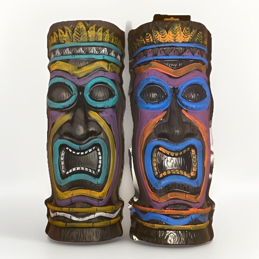 Vtg Amscan Tiki Gods Vac Form Luau Party Wall Decor 22”x9” Set Of 2
