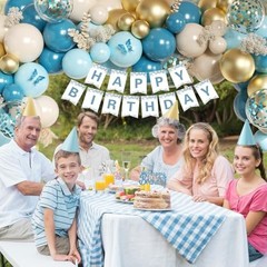 Upgraded Birthday Decorations, Happy Birthday Banner, Sash, Dusty Gold Blue