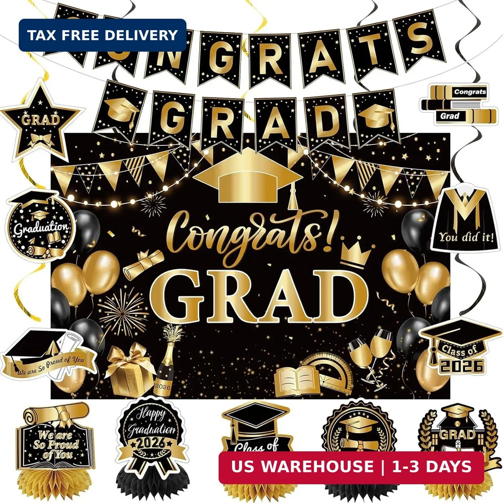 2026 Graduation Party Decorations Black and Gold Congrats Grad Banner Backdrop T