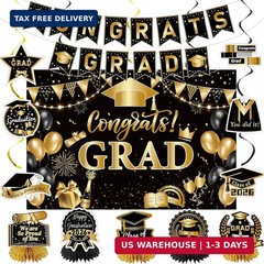 2026 Graduation Party Decorations Black and Gold Congrats Grad Banner Backdrop T