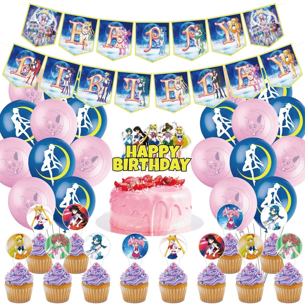 Anime Sailor Moon Theme Birthday Party Decorate Set,Balloon Banner Cake Toppers