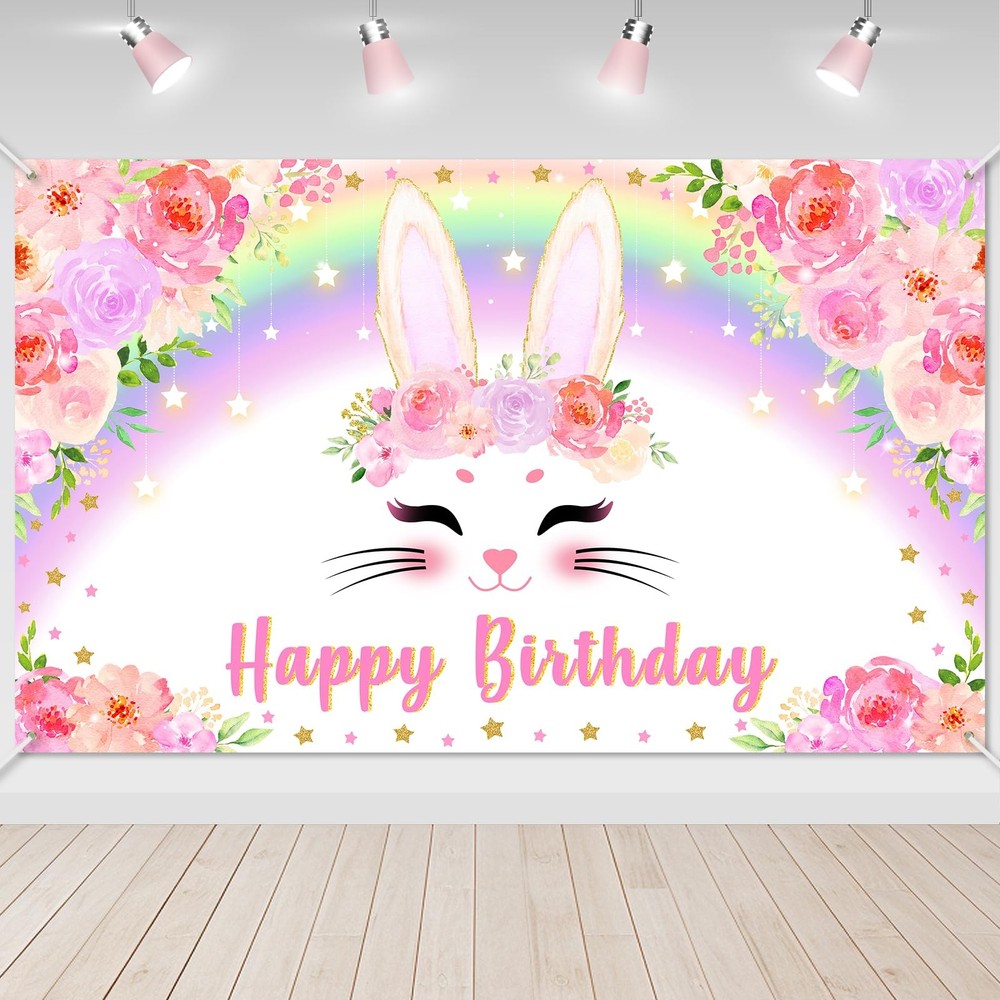 Bunny Birthday Banner Pink Floral Rainbow Bunny Happy Birthday Party Decorations