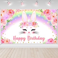 Bunny Birthday Banner Pink Floral Rainbow Bunny Happy Birthday Party Decorations
