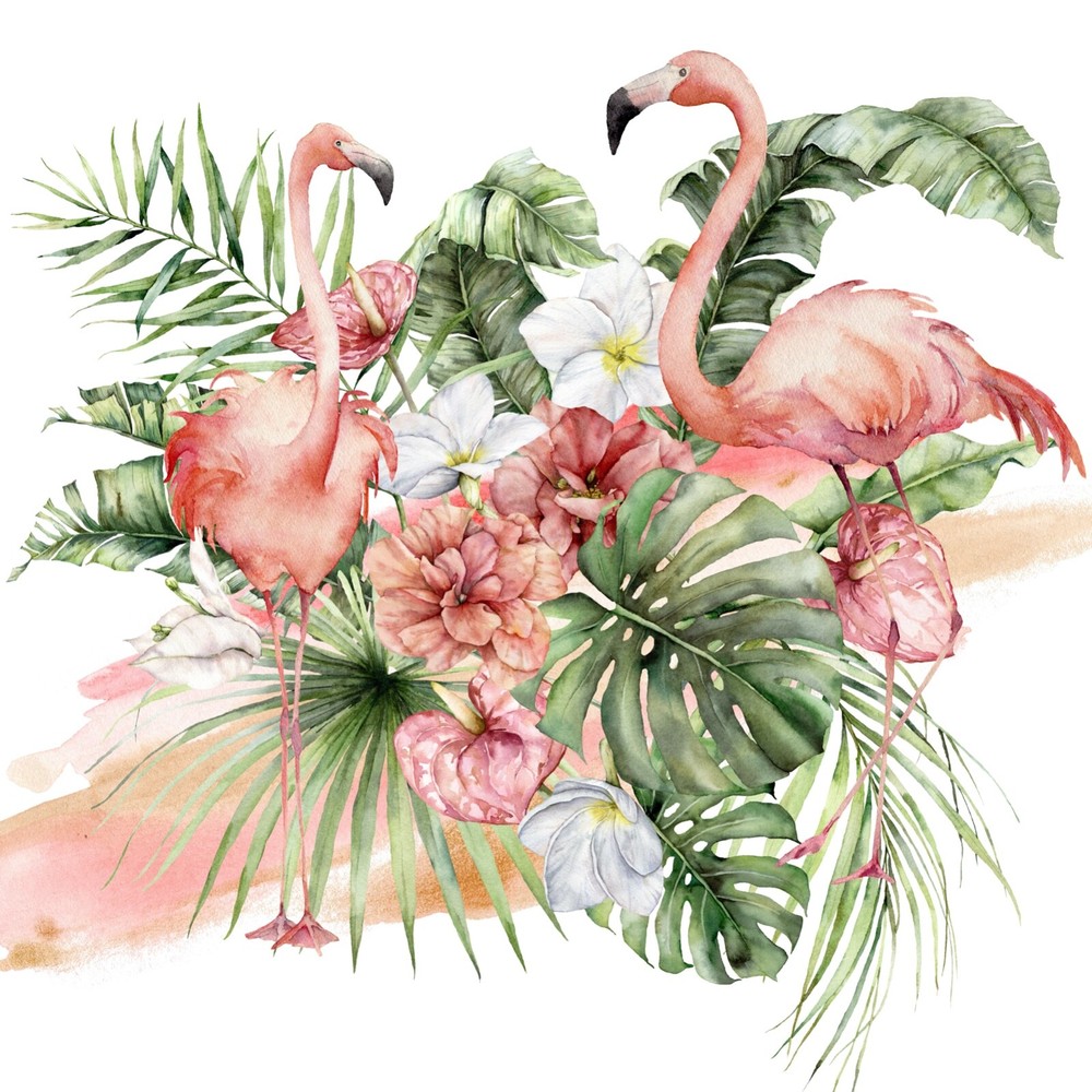 FLAMINGO PARADISE Beverage Paper Napkins 20pcs Pink Watercolor, Monstera Napkins
