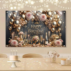 Luxury Happy Birthday Backdrop Black Gold Party Decoration Elegant Balloon Champ