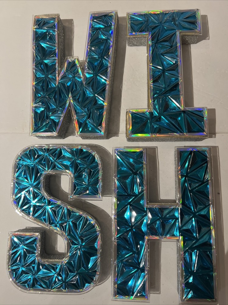 W-I-S-H Styrofoam Lettering Blue Shiny Sparkled Party Decor Big 8”tall