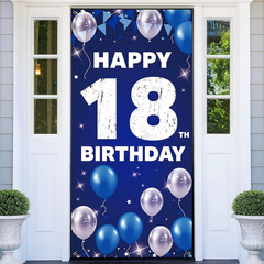 Happy 18Th Birthday Decorations – Blue & Silver Fabric Backdrop Banner for Men &