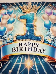 Blue 1st Birthday Backdrop Prince King Crown Balloons Photo Background Decor 5×3