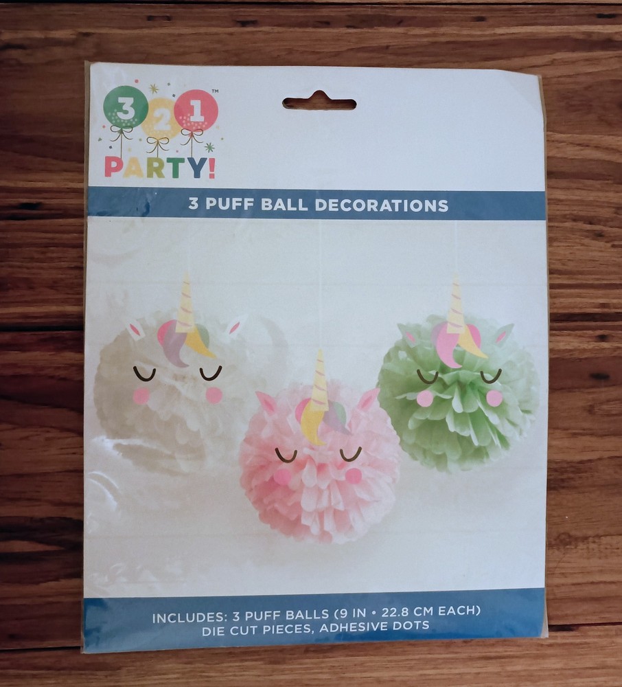 321 Party! 3 Pack, 9″ Unicorn Puff Balls Decorations Tissue Paper Pom Poms