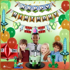 Pixel Birthday Decorations – Pixel Happy Birthday Banner with Balloons, Pre-S…