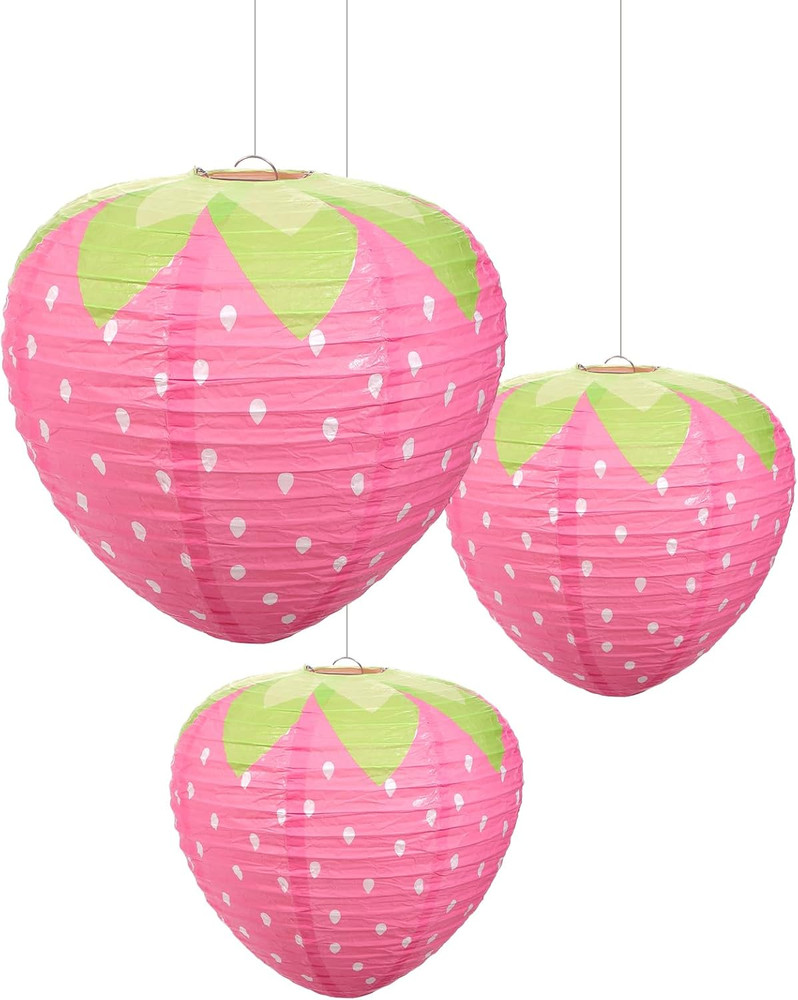 Strawberry Party Decorations,3 PCS Pink Strawberry Paper Lantern, 8″ & 12″ Straw