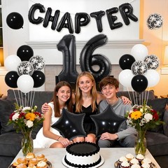 Chapter 16 16th Birthday Decoration Black White Balloon Banner Number 16 Ball…