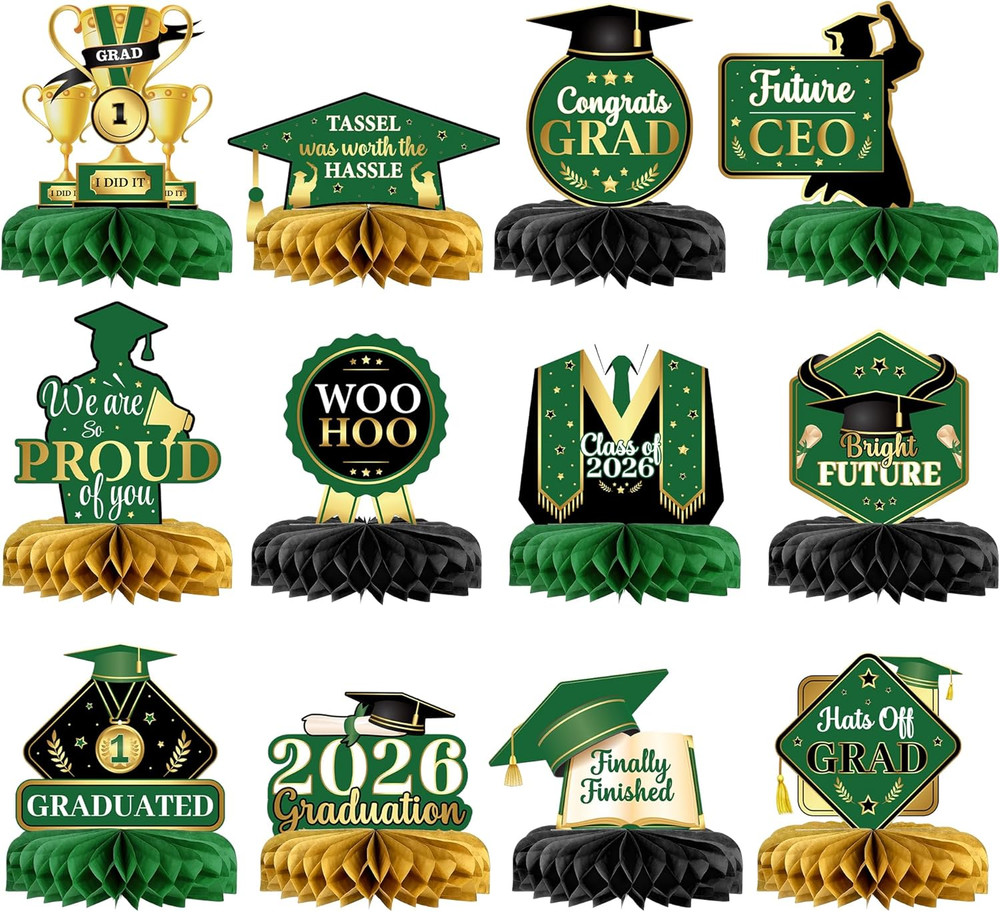 , Green, Black and Gold Graduation Centerpieces 2026 – Pack of 12 | Graduation C