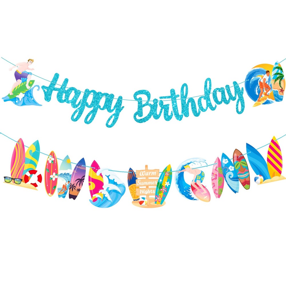 2Pcs Summer Surfing Happy Birthday Banners Blue Glitter Summer Surfing Surfbo…