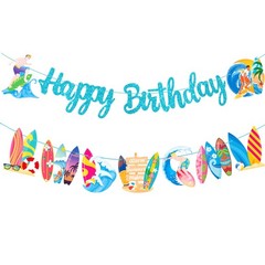 2Pcs Summer Surfing Happy Birthday Banners Blue Glitter Summer Surfing Surfbo…