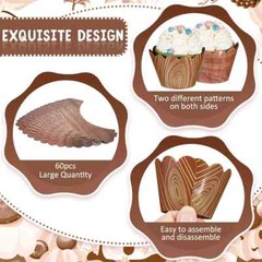 60 Pieces Wood Grain Cupcake Wrappers for Woodland Animal Baby Shower Brown