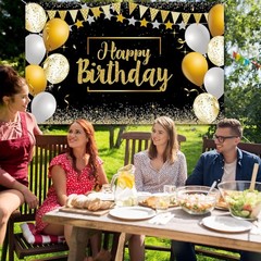 Elegant Black and Gold Happy Birthday Backdrop – 72.8 x 43.3 Inch for Memorab…