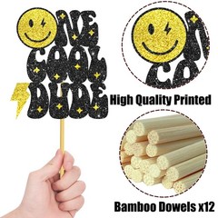 12pcs Glitter One Happy Dude Party Centerpiece 12 inches, Yellow and Black