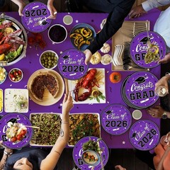 Purple Graduation Dinnerware Set for 25 Guests with Banner and Tablecloth