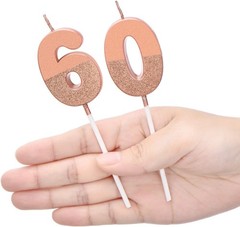 BBTO 60th Birthday Candles Glitter Cake Numeral 1 97 inch, Rose Gold