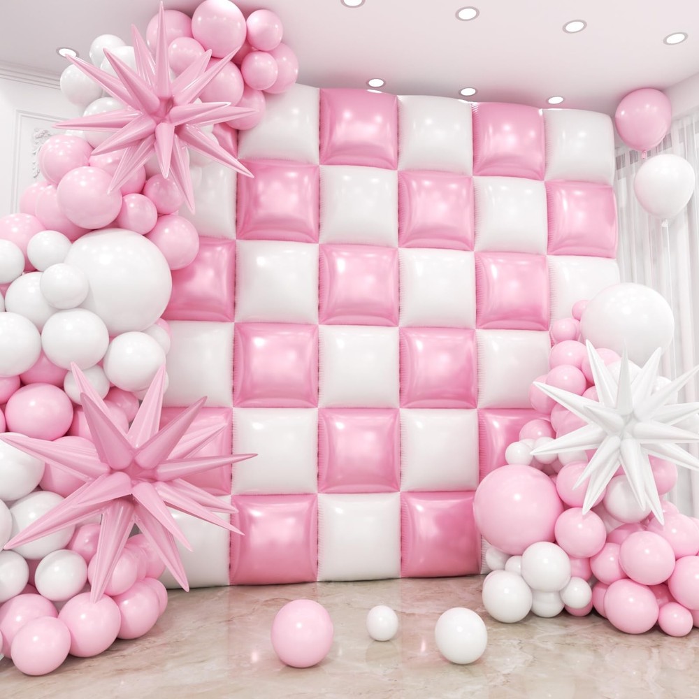 36pcs Pink and White Square Foil Balloons Wall Backdrop with 147pcs Balloon G…