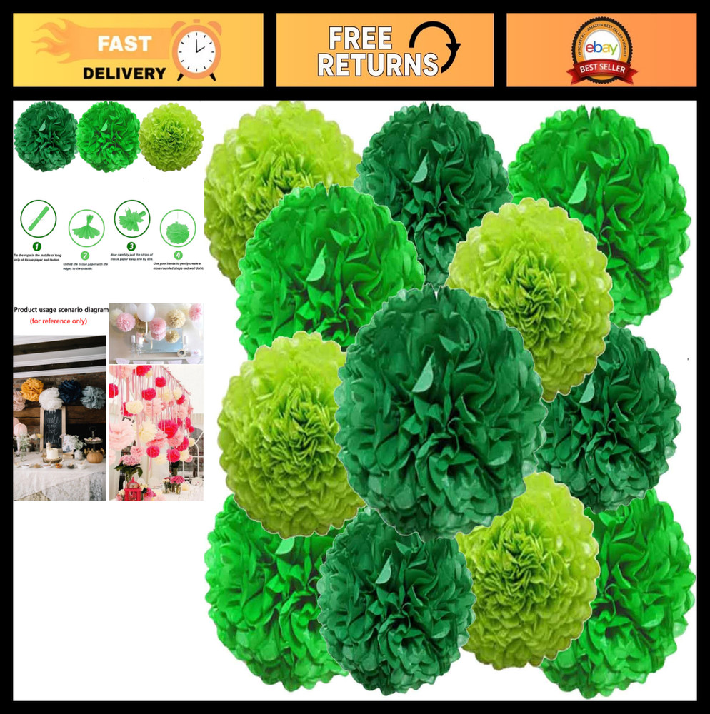Green Paper Pom Poms – Wedding & Birthday Party Decorations, 12″ & 10″, 3 Shades