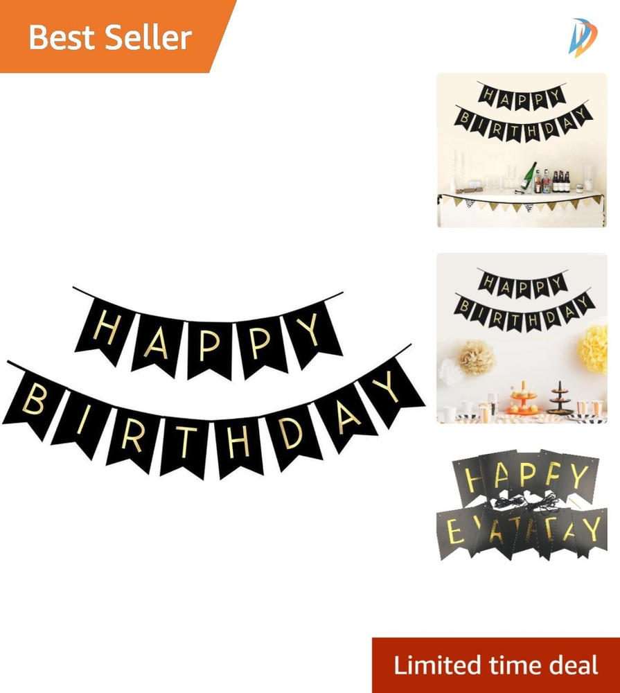 Shiny Gold Letters on Black Happy Birthday Banner – Lightweight and Durable