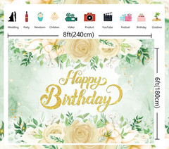 Greenery Happy Birthday Backdrop 8X6FT Sage Green Glitter Gold Eucalyptus Leaves