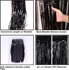 2 Pack 3.2Ft X 8.2Ft Black Tinsel Foil Fringe Curtains, Metallic Foil Tinsel Pho