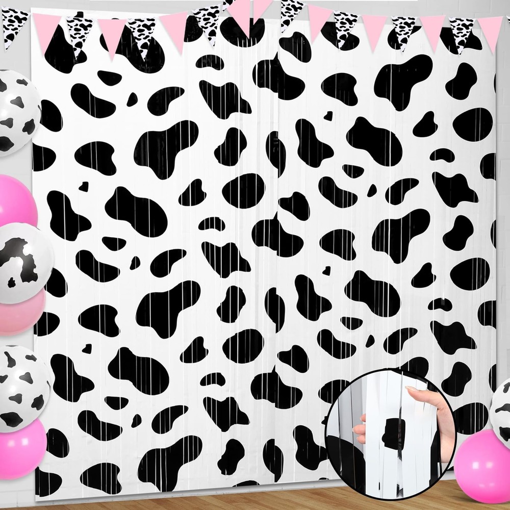 2 Pcs 3.3×6.6ft Black White Cow Farm Foil Fringe Curtains Tinsel Backdrop
