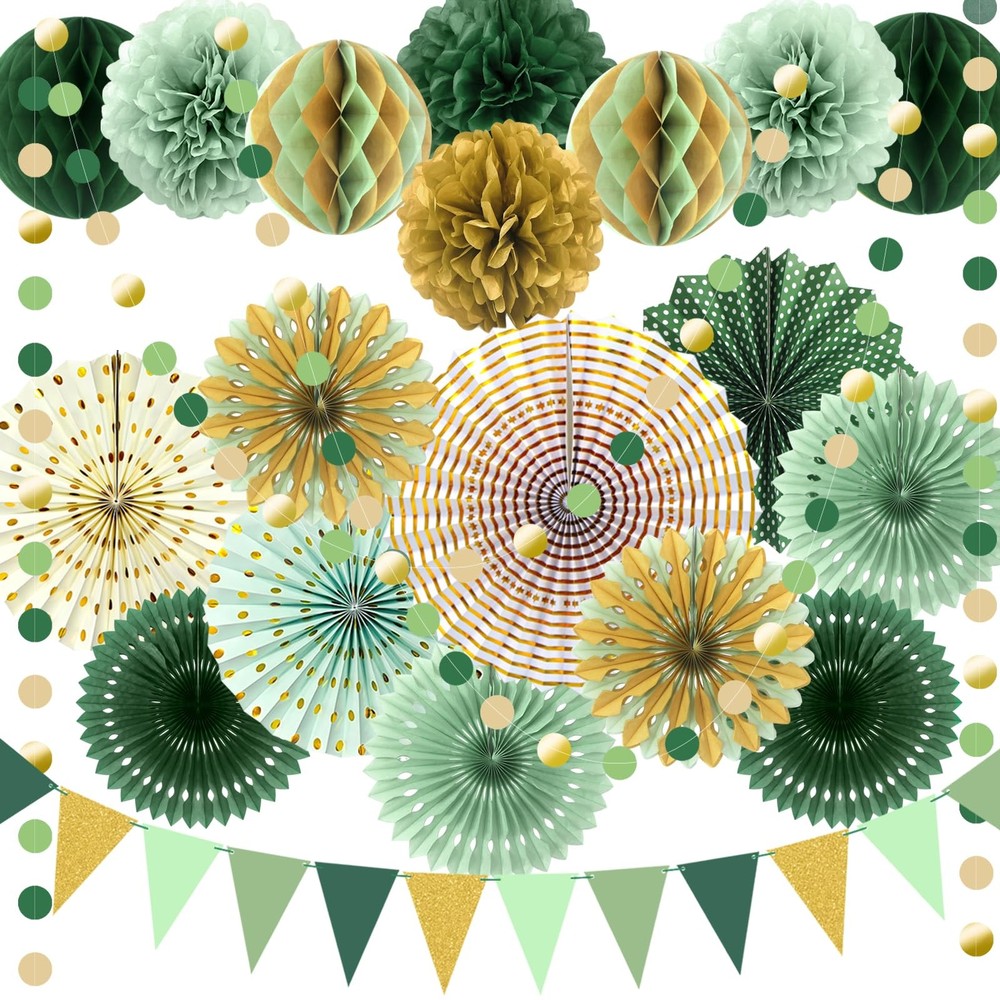Sage Green Gold Party Decorations, Fans Honeycomb Balls Circle Garlands for G…
