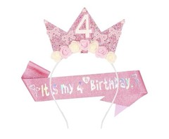 4th Birthday Crown Headband for Girl + Pink Bow 4th Birthday Sash Set Free Ship!
