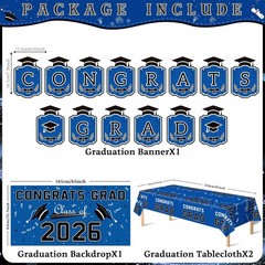 Graduation Decorations 2026 – Blue Congrats Grad Banner Backdrop Tablecloth S…