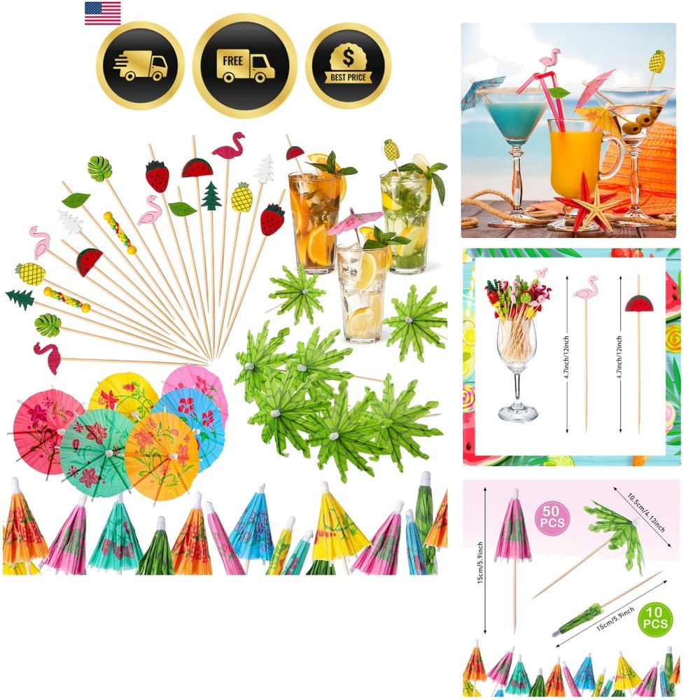 160 pcs Cocktail Decor Set Drink Umbrellas Fruit Picks Bamboo Sticks Summer P…