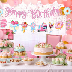 Sweet Party Banner – Pink Theme Decor with Donut, Ice Cream, Macaron for Girls’