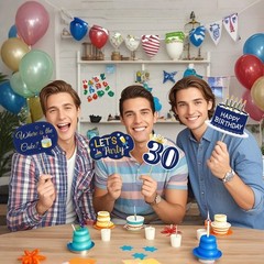 30th Birthday Photo Booth Props 34 PCS Blue Gold Party Table Decorations