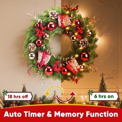 Pre-lit Christmas Wreath Luxury 40LEDs 16 Inch 40cm Battery Timer 8 Light Modes