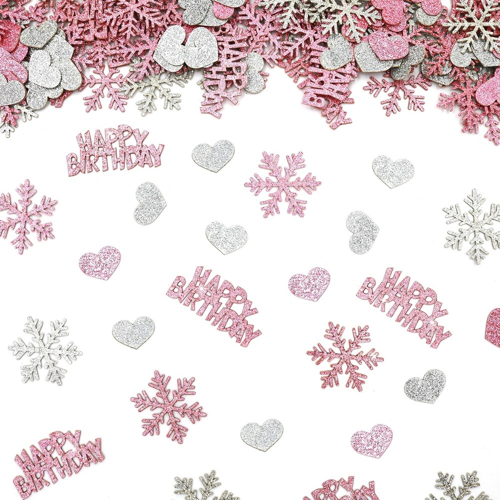 Blopee Pink Silver Snowflake Happy Birthday Confetti for Table – 200PC Glitte…