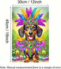 1PC 2D Flat Dachshund Carnival Party Banner with Colorful Feathers Green Jewel N
