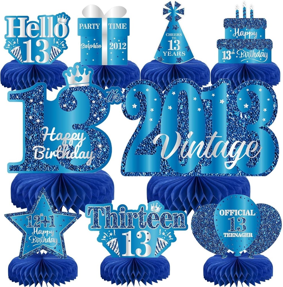 9-Pcs Blue Silver 13th Birthday Honeycomb Centerpieces – Perfect for Teens