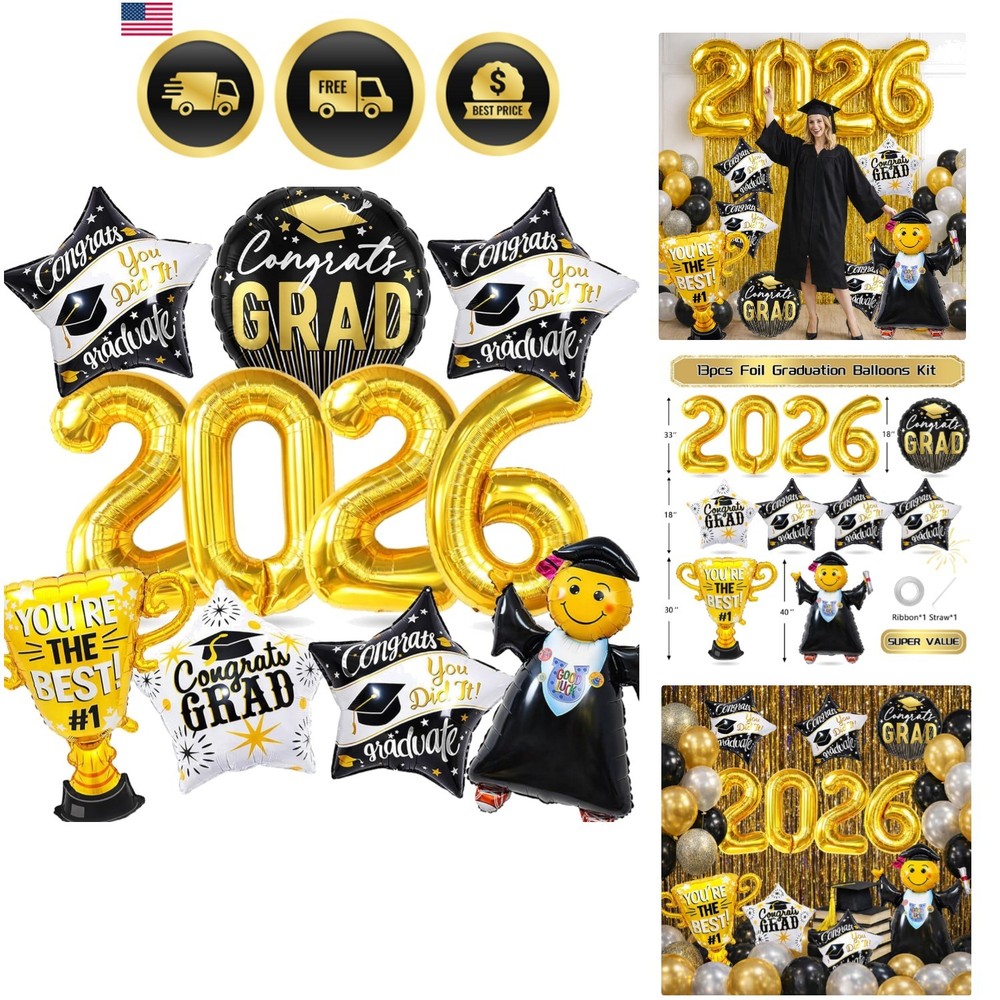 Graduation Party Decorations 2026 – 13Pcs Black Gold Graduation Foil Balloons…