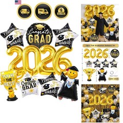 Graduation Party Decorations 2026 – 13Pcs Black Gold Graduation Foil Balloons…