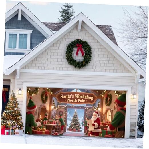 Christmas Garage Door Banner 13x6ft Santa’s Workshop Elves Christmas Tree