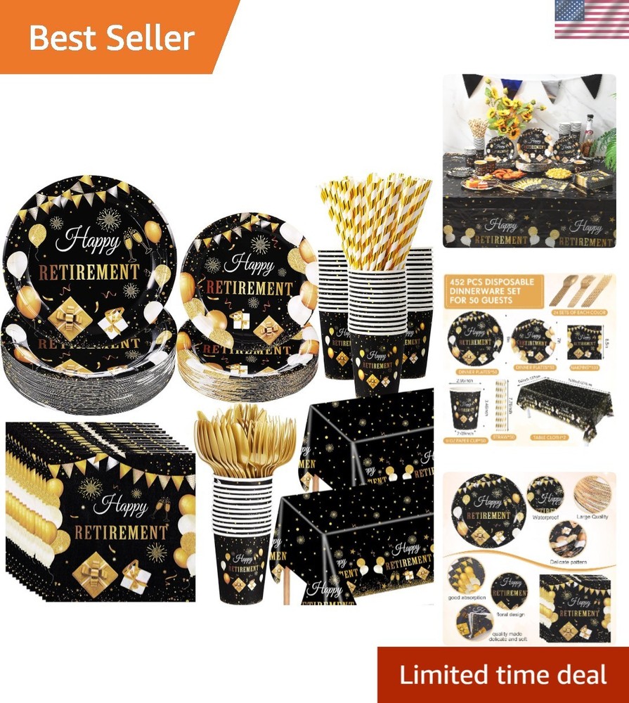 452 Pcs Black Gold Retirement Party Decorations – Stylish Disposable Tableware