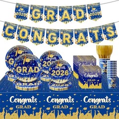 123 Pcs Blue Gold Graduation Decorations 2026 Set – Tablecloth, Plates, Cups, Ba