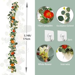 5.74 FT Artificial Poppies Flower Garland, Floral Garland Greenery Vines with