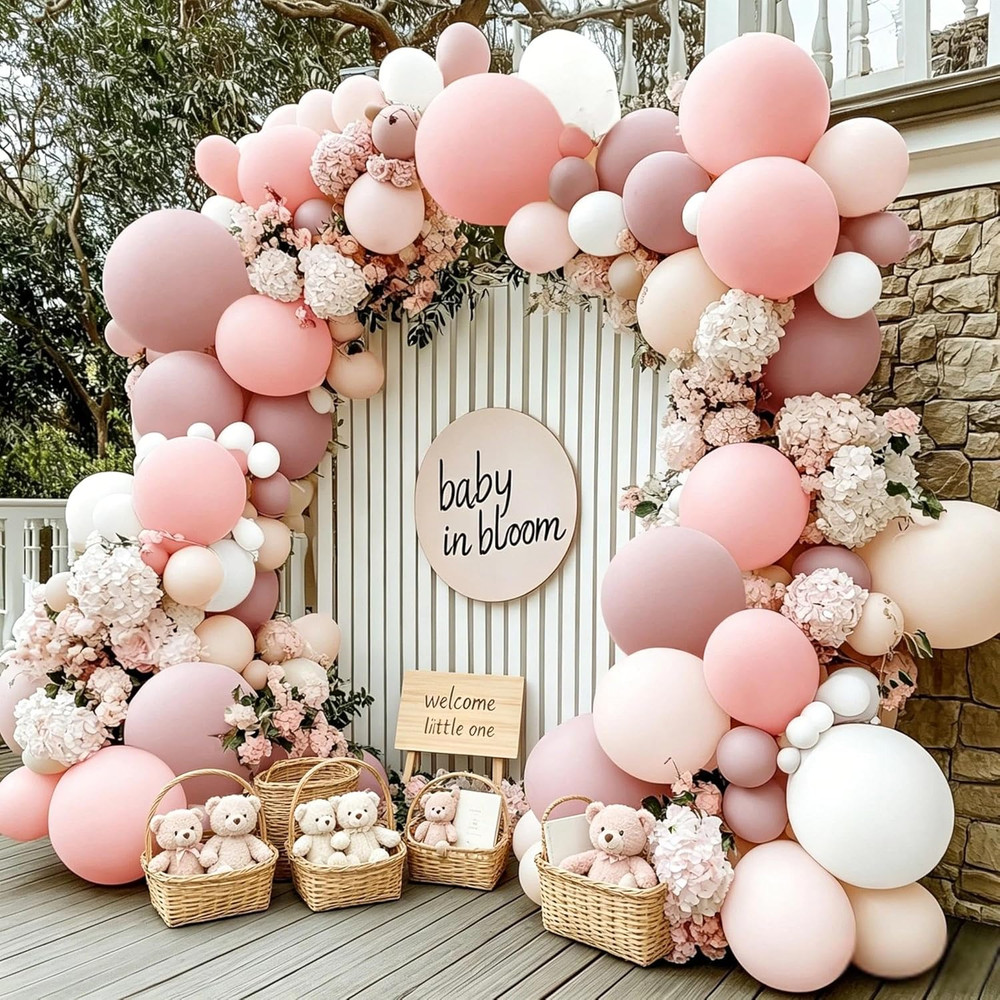 Pastel Pink White Balloon Arch Double Stuffed Light Pink White Sand Beige Cream