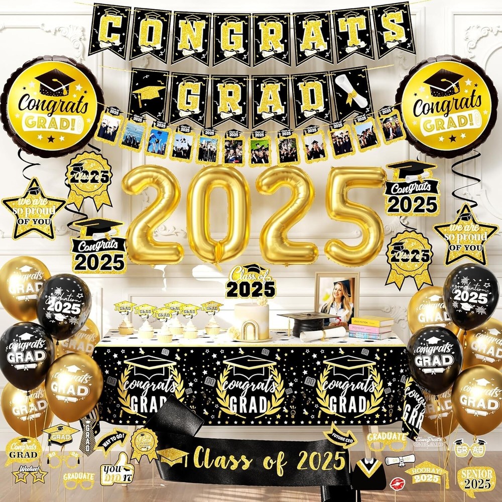 Class of 2025 Banner Backdrop | Graduation Party Decorations 2025 Black and Go..