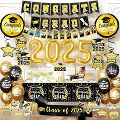 Class of 2025 Banner Backdrop | Graduation Party Decorations 2025 Black and Go..
