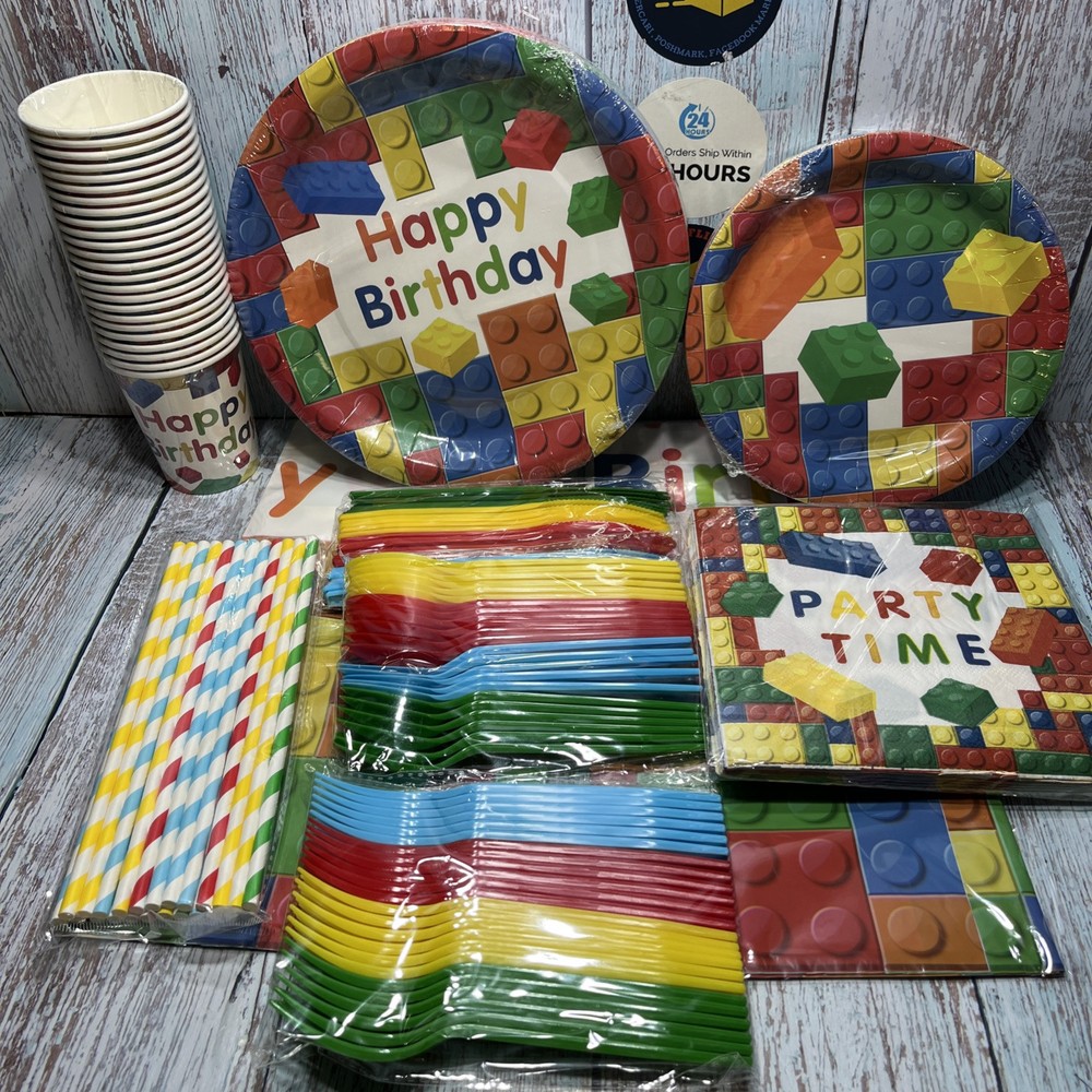 194 Pc.Building Block Table Ware And Backdrop.NIB.Ships Within 24 Hours.Vibrant